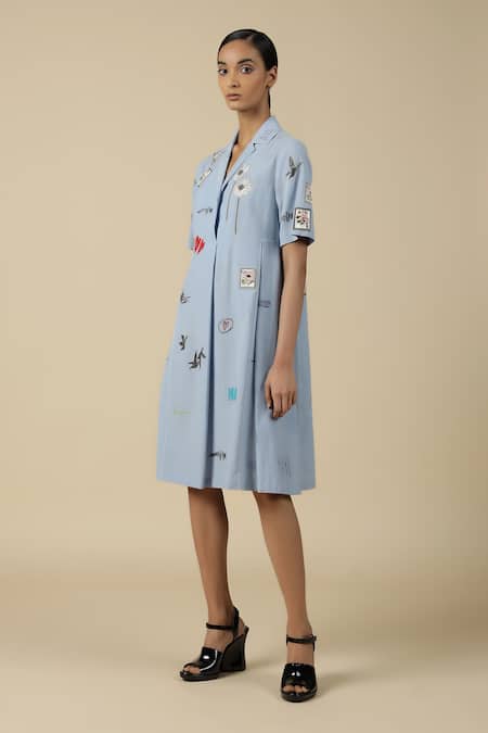Shahin Mannan Blue Cotton Embroidery Collared Funky Pattern Panelled Dress