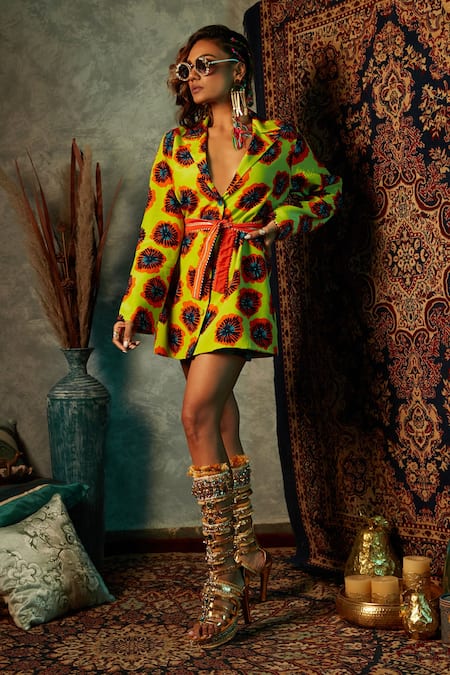 Esha L Amin Yellow Modal, Satin Collared Notched Lapel Printed Blazer 