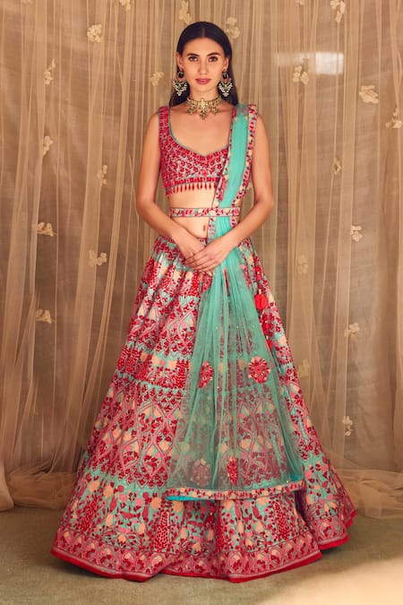 Buy Blue-Pink Sequins Embroidered Velvet Lehenga Choli At Ethnic Plus
