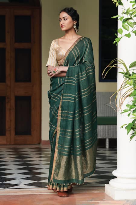 Dressfolk Henna Zari Woven Stripe Saree 