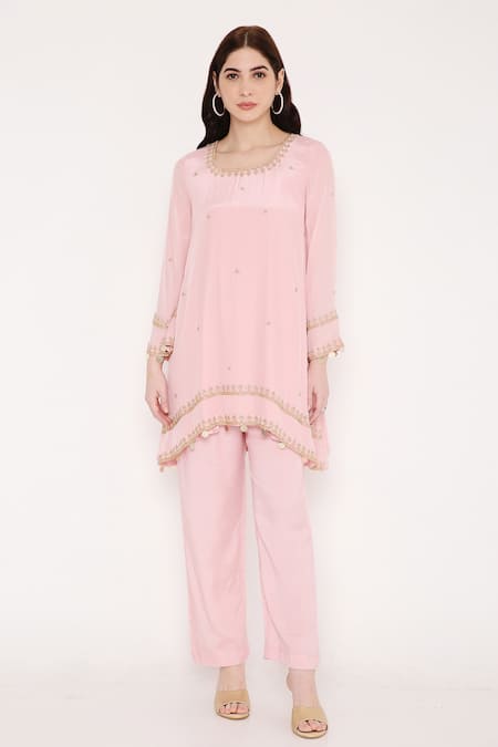 Bha sha Pink Tunic Crepe Embroidery Cut Bead U Neck Aastha Placement And Pant Set 