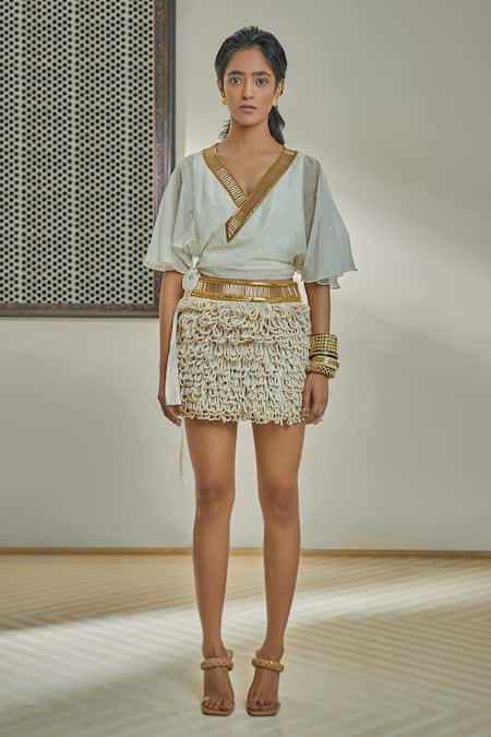 Surily G Ivory Chanderi Embellished Rope Loop Effect Skirt  