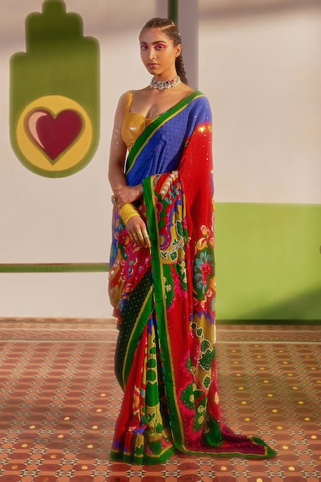 Siddhartha Bansal Printed Saree With Embroidered Blouse 
