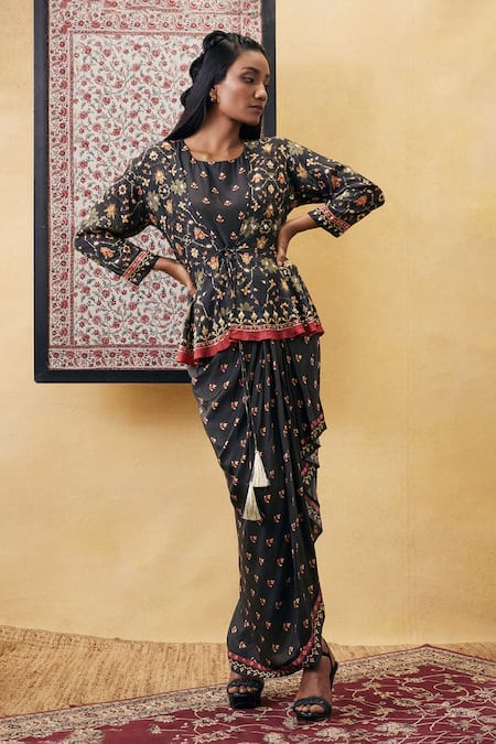 Soup By Sougat Paul Black Cotton, Silk Embroidery Round Zahra Printed Draped Dress And Jacket Set