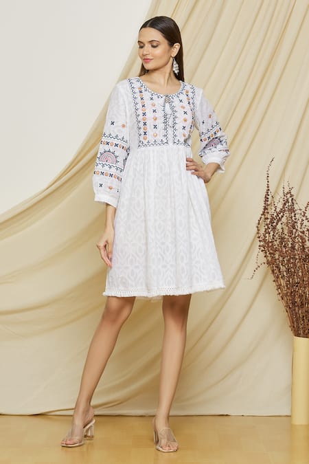 Buy White Cotton Embroidery Floral Round Neck Satin Stitched Dress For ...