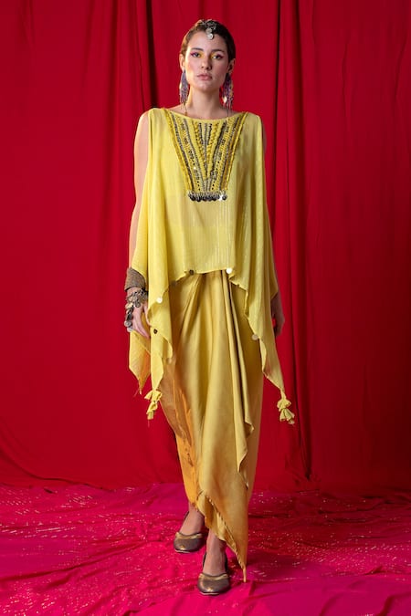 Enech Yellow Shimmer Georgette Embellished Kimono Cape And Draped Skirt Set  