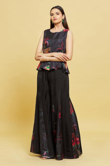 Sanjana Reddy Designs Forest Print Peplum Top & Flared Pant Set 