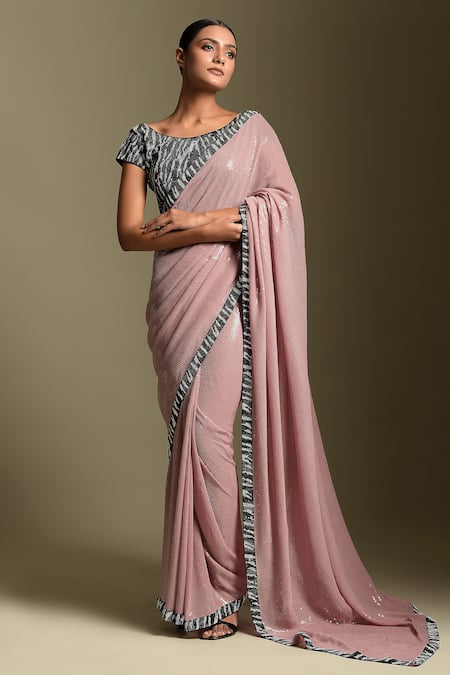 Buy_Two Sisters By Gyans_Pink Blouse Georgette, Saree Satin Sequin And Swarovski Stones Embroidered With_at_Aza_Fashions
