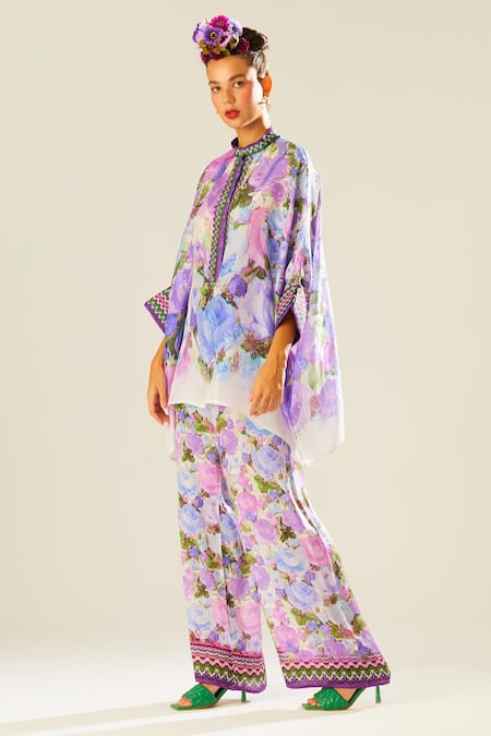 Rajdeep Ranawat - Purple Silk Printed Flower Band Collar Chanel Top For  Women