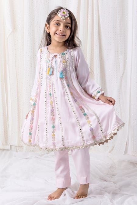 Chotibuti Pink Cotton Embroidery Mirror Work Gota Lace Kurta And Pant Set 