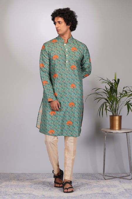 Eleven Brothers Green Kurta Mulberry Silk Print Tiger Land And Pant Set 