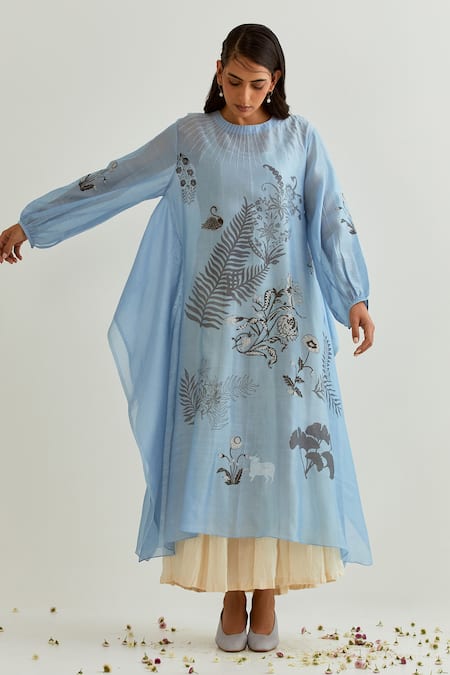 Prama By Pratima Pandey Blue Chanderi Embroidery Round Neck Floral Print Dress With Inner 