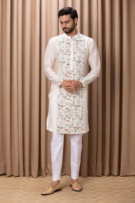 Ankit V Kapoor Ivory Cotton, Silk Embroidery Amaani Botanical Print Straight Kurta Set