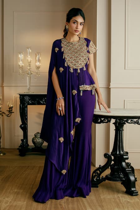 Nehha Nhata Asymmetric Embroidered Peplum Cape With Gharara 