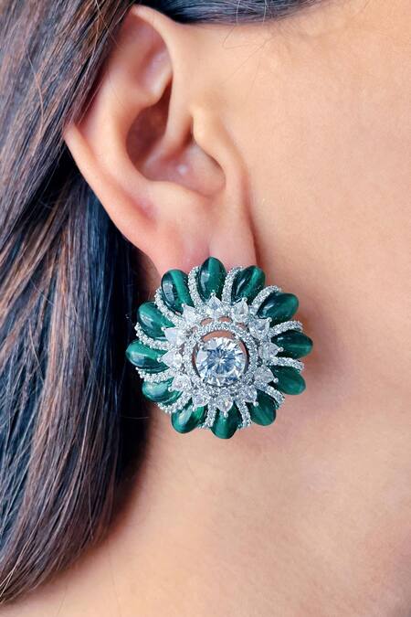 Shop_PRERTO_Green Stones Flora Carved Stud Earrings_at_Aza_Fashions