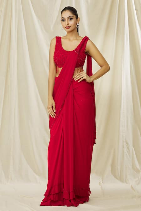 ARPAN VOHRA Red Georgette Embroidered Ruffled Hem Pre Draped Saree With Embellished Blouse 