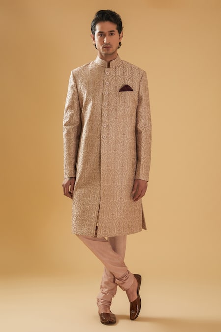 Raghavendra Rathore Blue Beige Silk Embroidery Floral Achkan