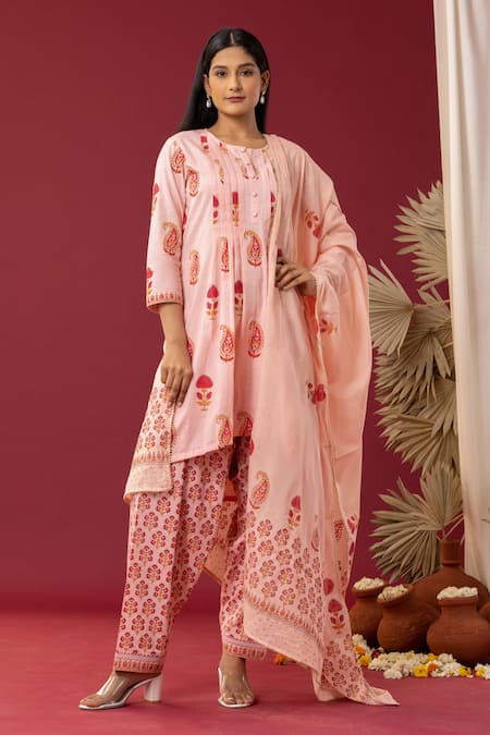 Abbaran Pink , Satin Lace, Gota Patti Pintuck Block Print Kurta Salwar Set