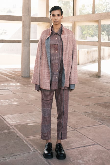 Urvashi Kaur Brown Handloom Cotton Embroidery Collared Brick Geometric Block Print Jacket