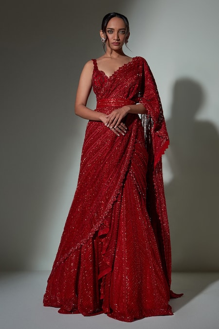 Red Habutai Silk Lehenga Saree Set Design by Anand Kabra at Pernia's Pop Up  Shop 2024