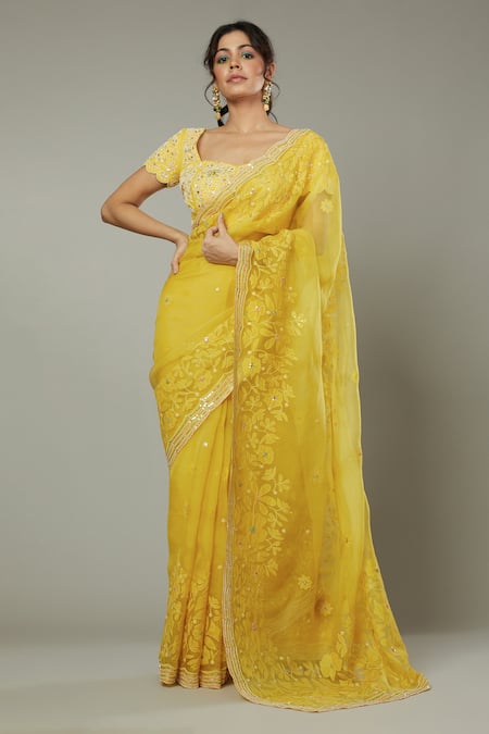 Buy Yellow Chiffon Embroidered Bead V Viha Pre-draped Saree With Blouse For  Women by Ohaila Khan Online at Aza Fashions.