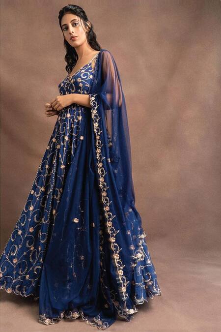 Buy_Pleats By Kaksha And Dimple_Blue Kasturi Crepe V Neck Embroidered Anarkali With Dupatta_Online_at_Aza_Fashions