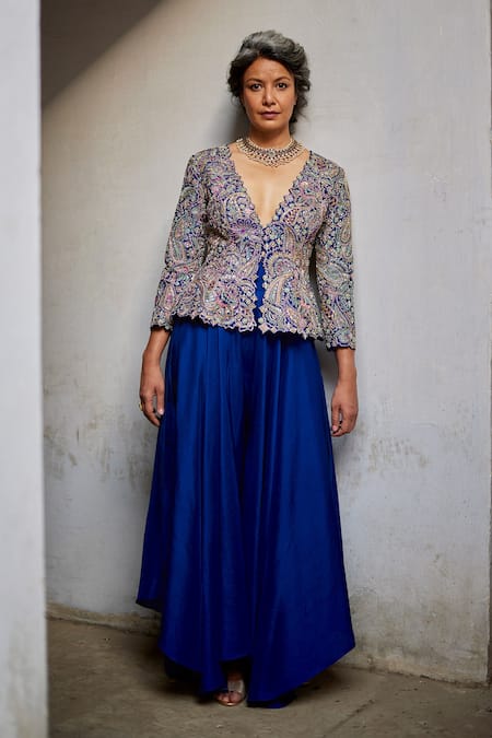 Mrunalini Rao Embroidered Peplum Jacket Pant Set 
