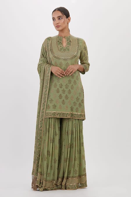 Buy Nakul Sen Green Chiffon Cut Work, Embroidery Keyhole Floral Cutdana Kurta Sharara Set at Aza Fashions Buy_Nakul Sen_Green Chiffon Cut Work, Embroidery Keyhole Floral Cutdana Kurta Sharara Set_at_Aza_Fashions