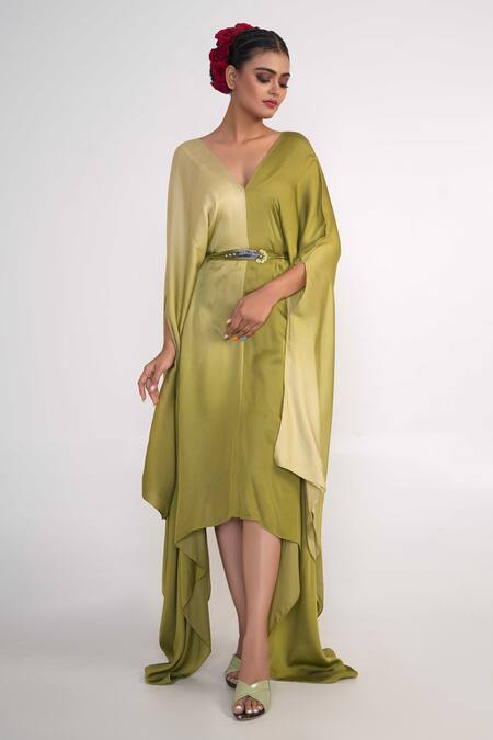 Buy_Merge Design_Green Modal, Satin Pearls V-neck Embroidered Kaftan With Belt _Online_at_Aza_Fashions