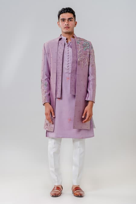 Amrit Dawani_Purple Silk, Cotton Embroidery Flower Vine Jacket Kurta Set _Online_at_Aza_Fashions