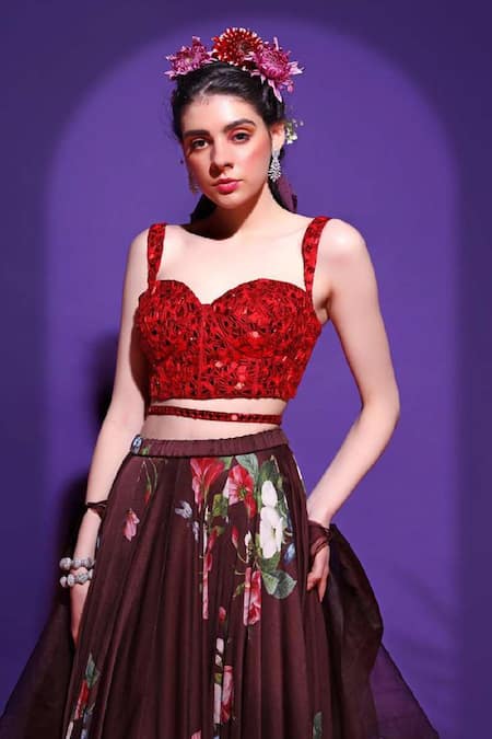 Shop Mahima Mahajan Brown Organza, Shantoon, Wrinkle Crepe Sweetheart Neck Printed Lehenga Set at Aza Fashions Shop_Mahima Mahajan_Brown Organza, Shantoon, Wrinkle Crepe Sweetheart Neck Printed Lehenga Set_at_Aza_Fashions