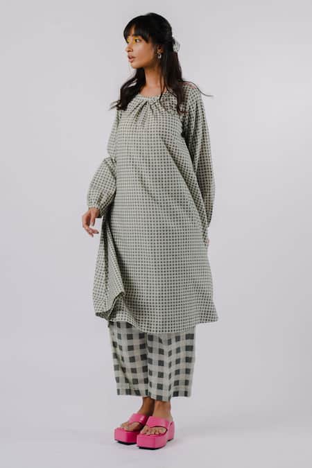 Tussah By Siddhi Shah Black Cotton Print Chequered Round Neck Pattern Kurta  