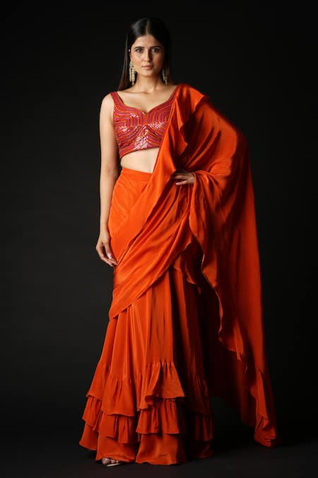 Vana Ethnics Orange Viscose Embroidered Sequin Pre-draped Ruffle Saree With Blouse
