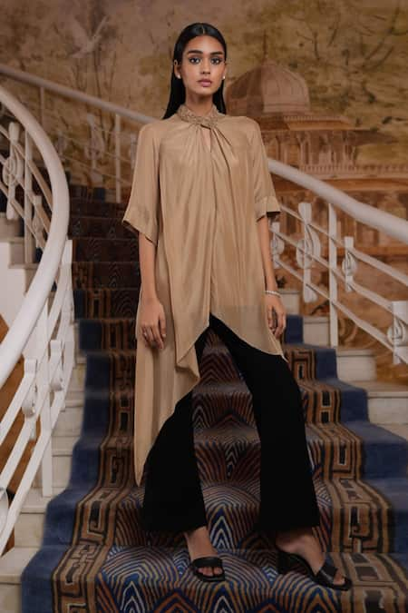 Label Ruhbab Beige Silk Chiffon Embroidery Pearls High Neck Collar Draped Top 