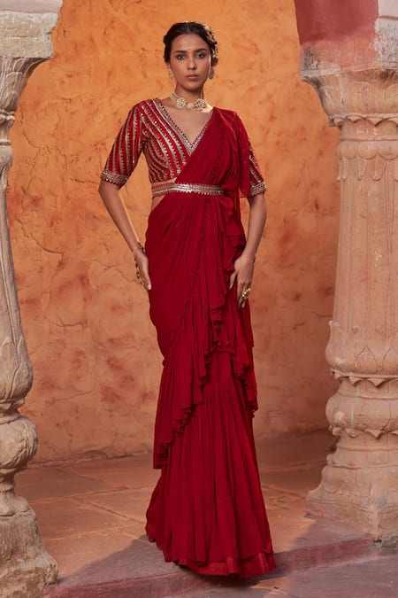 Buy Red Silk Embroidery Sequins V Lok Rang Pre-draped Ruffle Saree