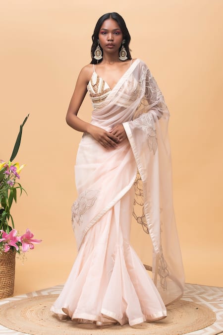 Rishi & Vibhuti - Pink Organza Embroidery Thread Millie Floral Saree With  Bralette For Women