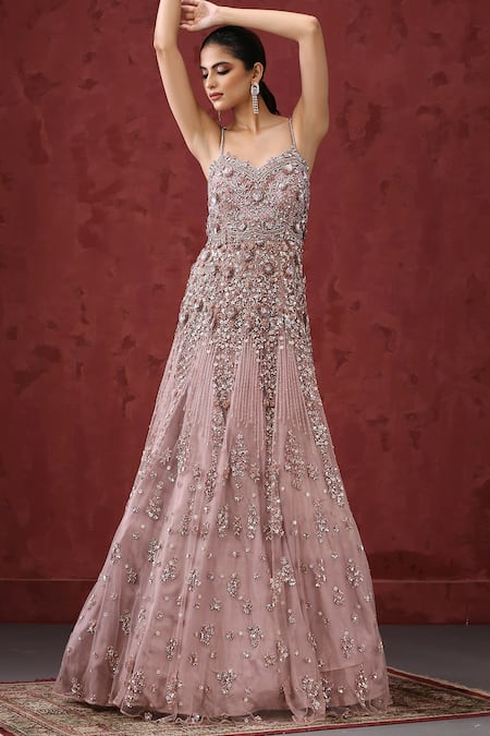 MINAKI Floral & Linear Embroidered Gown 