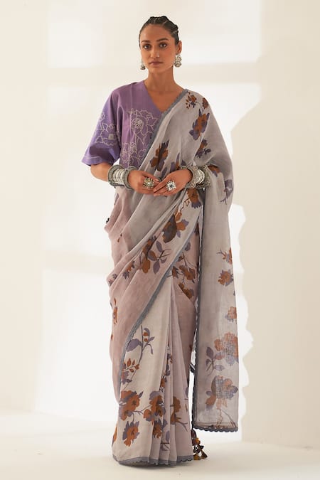 Kasturi Kundal Purple Printed Jamun Pure Linen Handloom Saree With Unstitched Blouse 