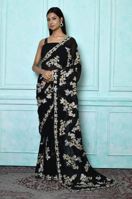 Buy Black Saree Georgette Embroidery Floral Flower Lace For Women