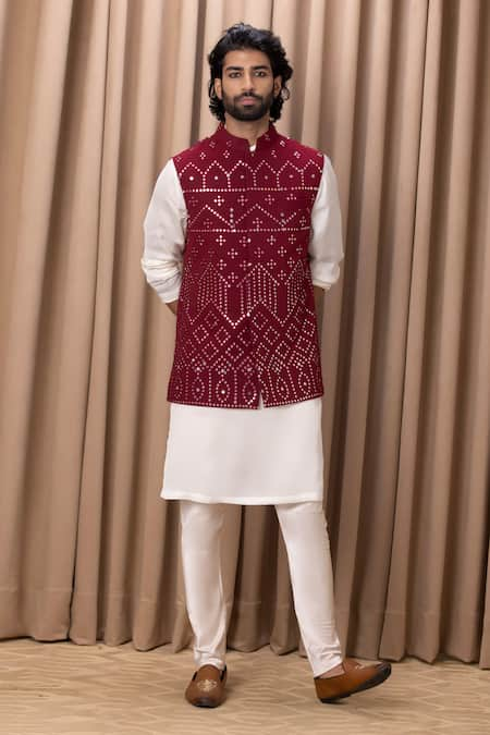 Ankit V Kapoor Wine Pure Georgette Embroidery Mirror Imran Geometric Bundi And Kurta Set 