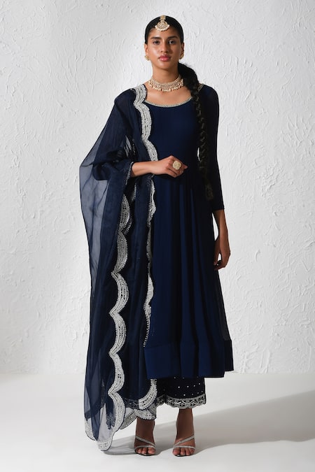 Rishi and Vibhuti Blue Crepe Embroidered Zardozi Scoop Neck Stella Neckline Anarkali Set 