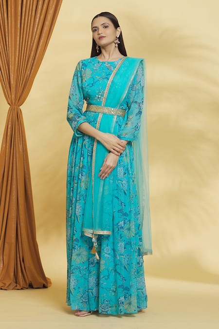 Buy Blue Georgette Printed Floral Round Jumpsuit With Dupatta For Women ...