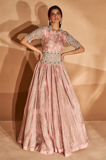 Bhumika Sharma Pink Organza Embroidery, Pearls, Beads Round Neck Tara Print Anarkali With Belt