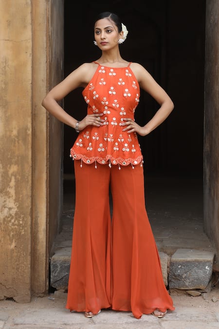 Nitisha Kashyap Official Orange Georgette, Silk Mirrors, Beads, Embroidered Peplum Kurta And Sharara Set 
