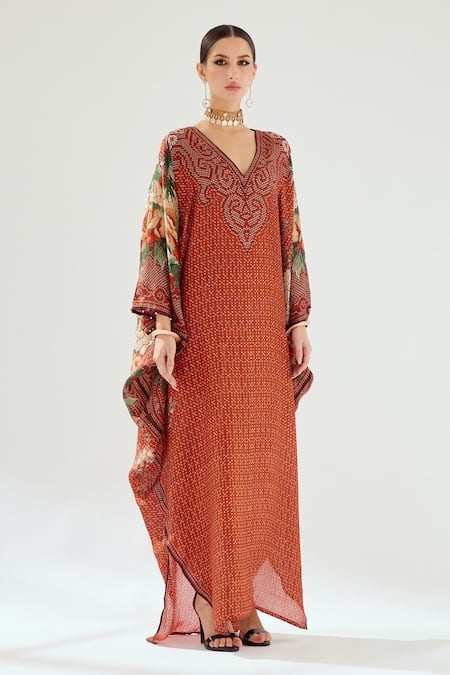 Rajdeep Ranawat_Orange Silk Beads V-neck Verusha Kaftan_Online_at_Aza_Fashions