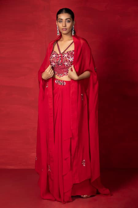 Miku Kumar Embroidered Cape Draped Skirt Set 