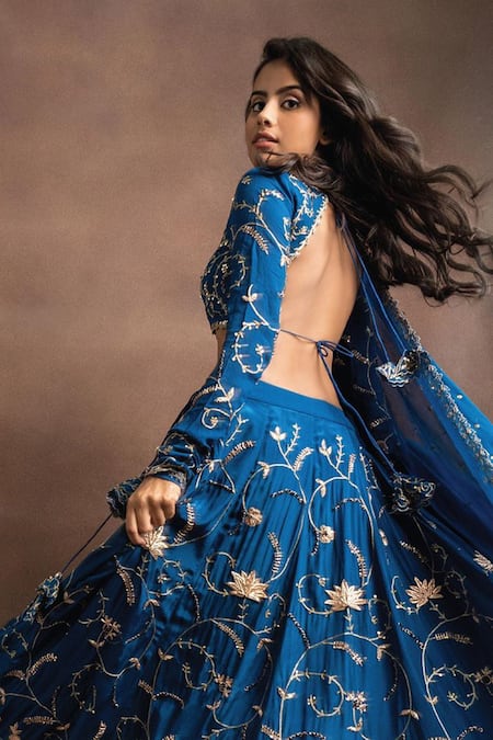 Buy_Pleats By Kaksha And Dimple_Blue Crepe, Georgette V Neck Embellished Lehenga Set_Online_at_Aza_Fashions