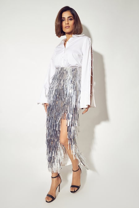 Sameer Madan White Luxury Cotton Embellished Glitter Cord Sigrid Slit Sleeve Shirt 