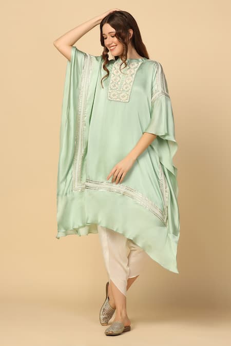 Two Sisters By Gyans Green Satin Embroidery Thread Band Collar Yoke Kaftan And Tulip Pant Set 