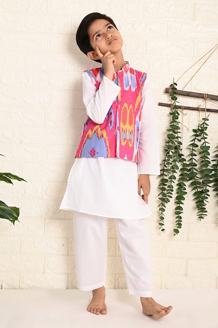 THE COTTON STAPLE Pink Cotton Ikat Printed Bundi Kurta Set 